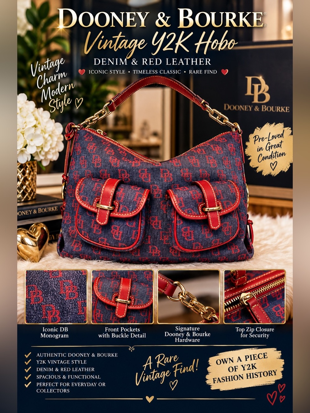 Dooney & Bourke  Vintage Navy Denim with Red Leather Hobo Bag